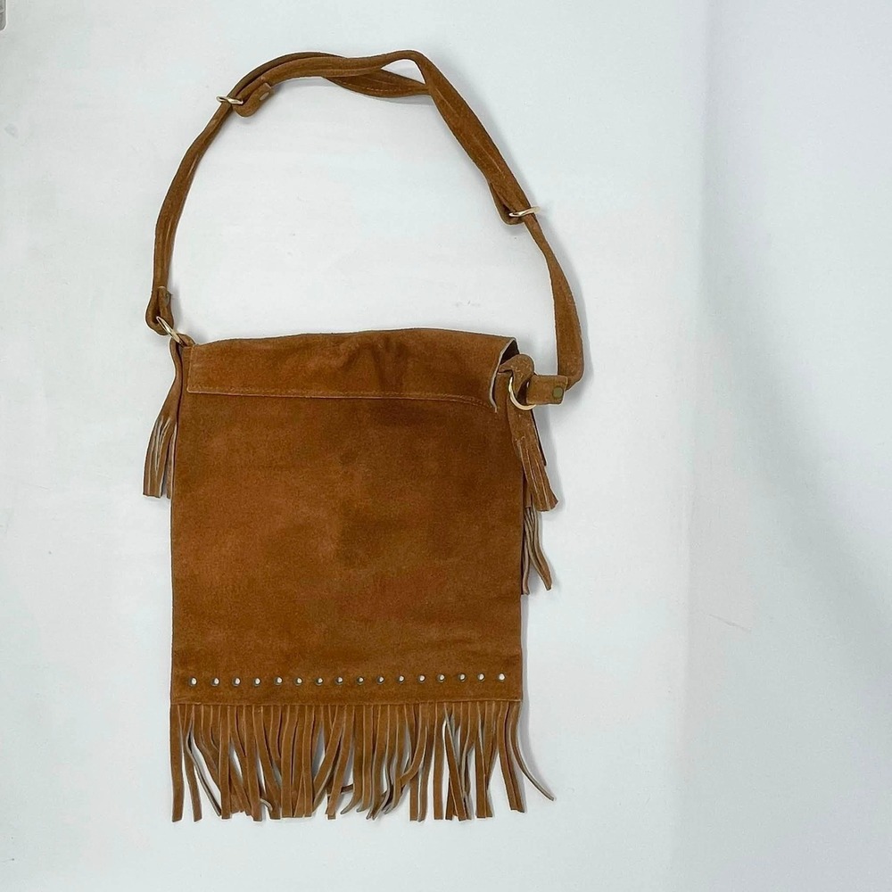 Suede Fringe Flap Shoulder Bag Camel Brown Grommets Boho Festival